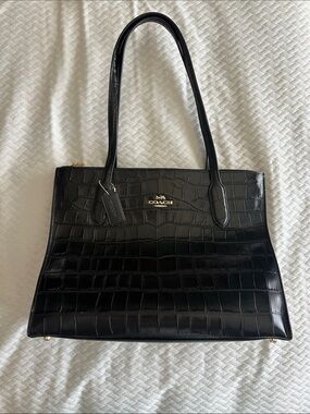 Coach Black Croc-Embossed Leather Tote with Gold Logo